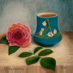 Rose and blue vase 10x10. Flowers still life oil painting on canvas. original art. Gift ideas. wall decor.