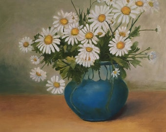 May include: A blue ceramic vase filled with white daisies. The vase has a white and blue pattern. The background is a light green color. The painting is signed "T. Nesterova 2020".
