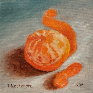 Fruit Tangerine orange painting. Oil painting on canvas 8x8. Food art. Wall decor. Gift ideas.