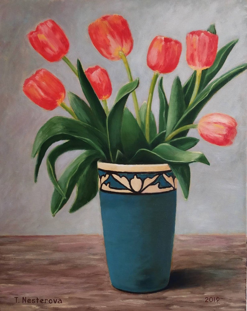 Rote Tulpen in einer blauen Vase Stillleben Ölgemälde/Bouqet Etsy