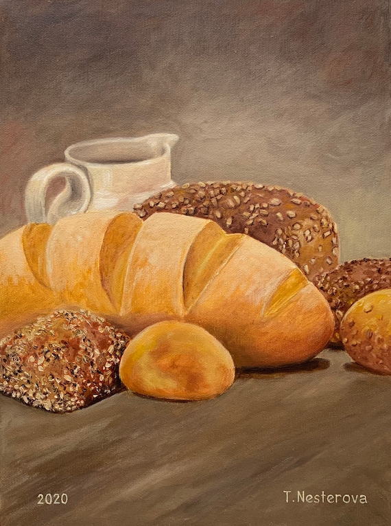 絵画。原画【Bear bought bread】 Original Bread and Milk Jug Oil Painting, Still Life Kitchen Decor