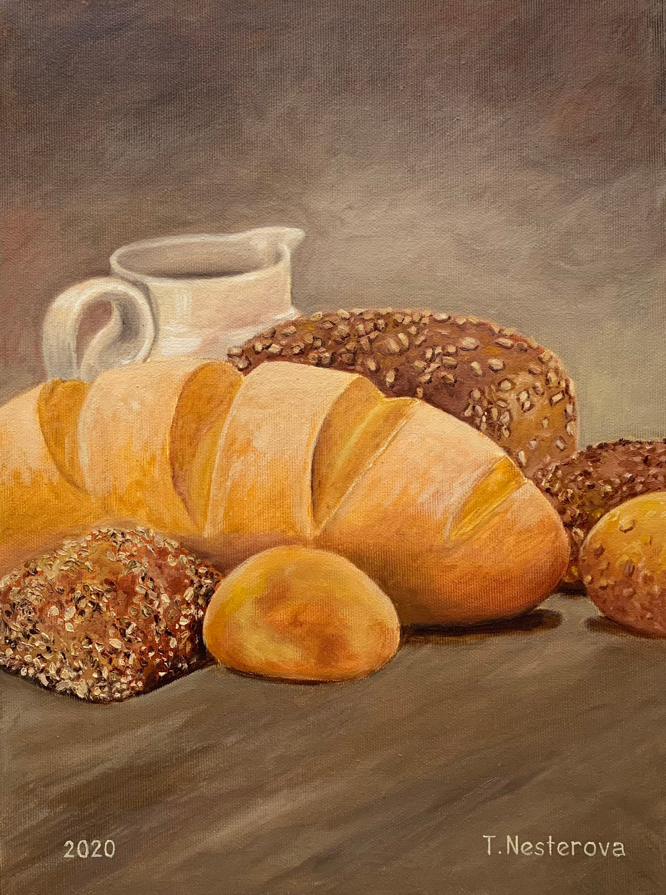 Still Life Oil Painting With Bread and Milk Jug. Oil Painting on Canvas