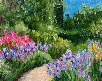 Summer Landscape English Garden. Framed Small Oil Painting