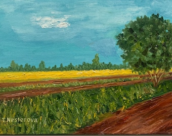 Landscape sunny field. original oil painting on canvas. Fine art.