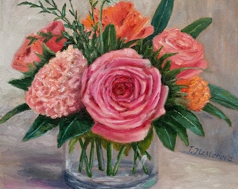 Rose Oil Painting on Canvas, Bright Floral Still Life, 10x10