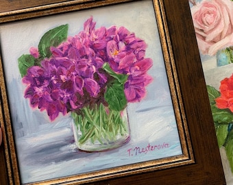 Framed original Oil Painting Small Flowers Art with violets 8x8 inches still life