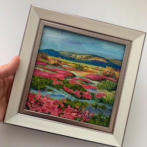 Framed Desert Wildflower Oil Painting, 6x6 Landscape Art
