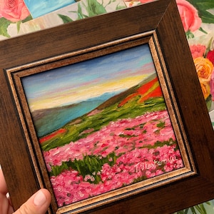 Framed original oil painting Desert Wildflower 6x6 small Landscape Art