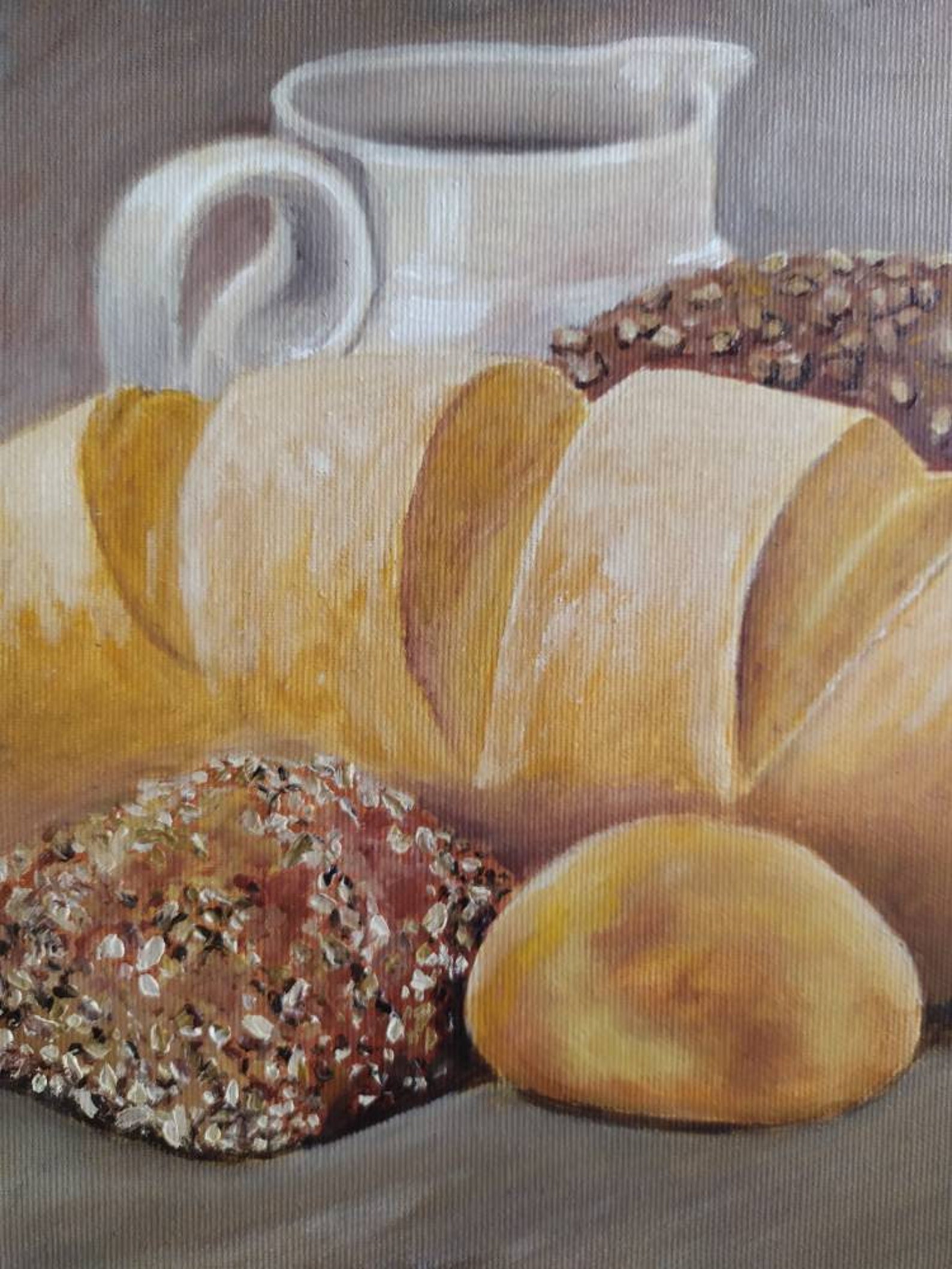 Still life oil painting with bread and milk jug. oil painting Etsy
