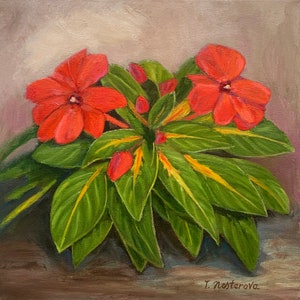 Red Flowers painting. Garden flowers oil painting on stretched canvas 12x12. Still life. Wall decor. Original fine art. Gift ideas.