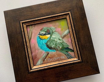 Dipinto a olio di uccello con cornice, piccola opera d'arte originale 4x4 pollici