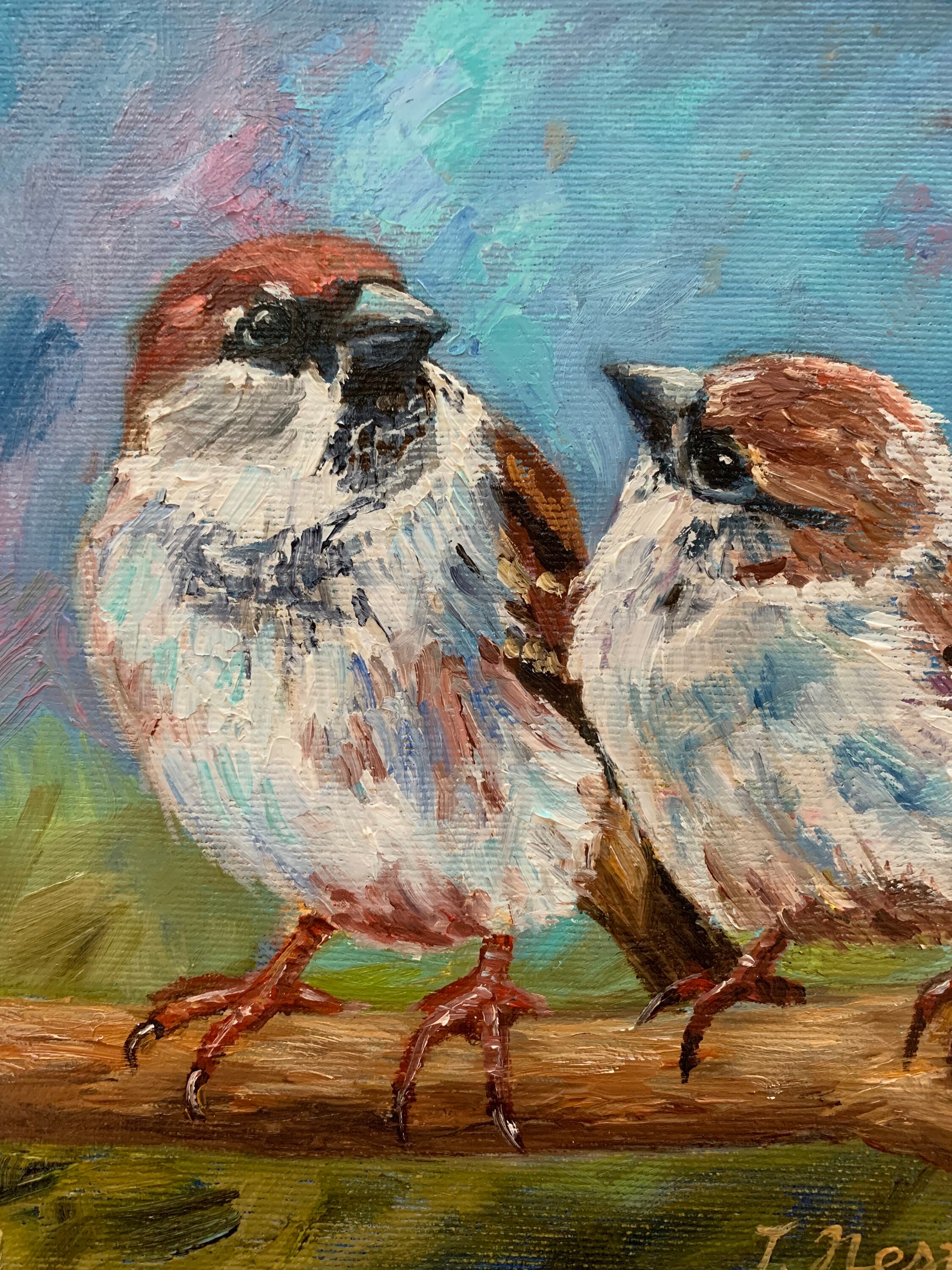 鳥のアート。スズメ。鳥のつがい。キャンバスに描かれた