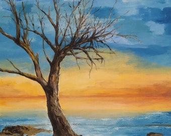Original seascape landscape. Tree painting. Sea sun sky sunset sunrise. Oil painting on canvas.