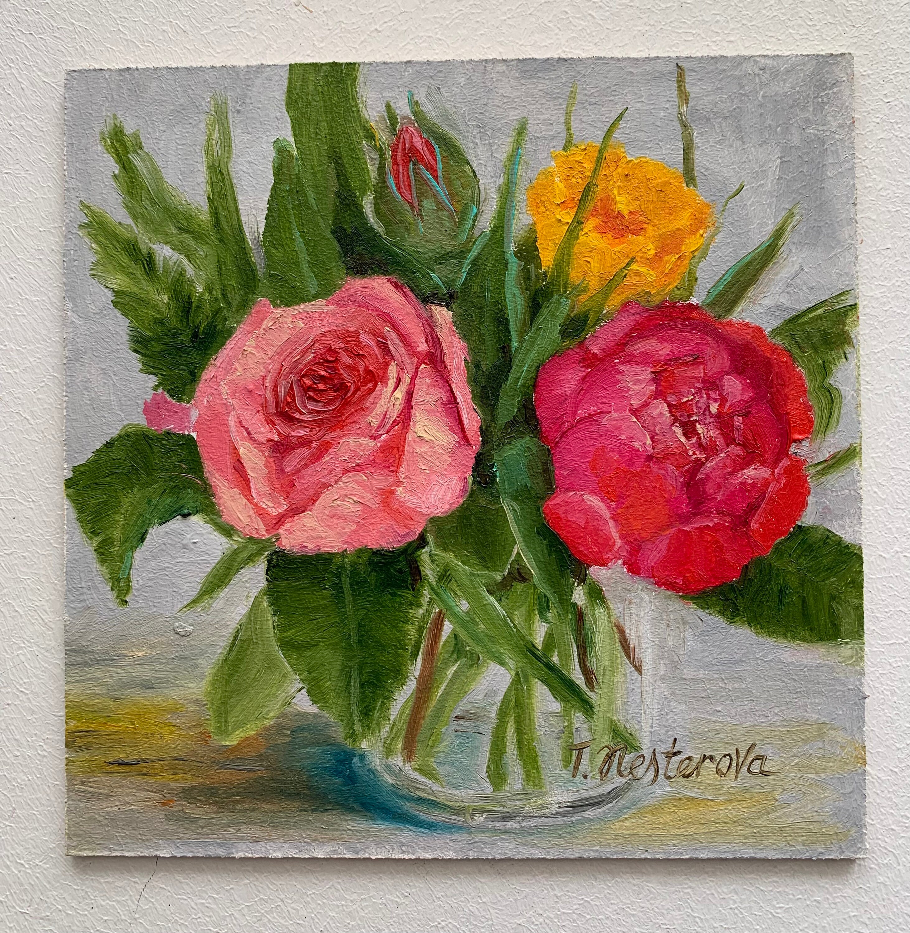 Framed Original Small Oil Painting 6x6 Inches. Flowers Peony