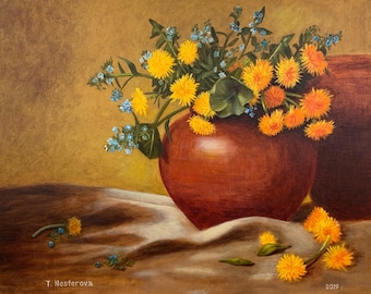 Dandelions Still Life Oil Painting on Canvas (20x24 in)