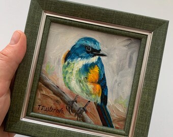 Framed Bird Painting, Small Original Oil Artwork 4x4, Ready to Hang