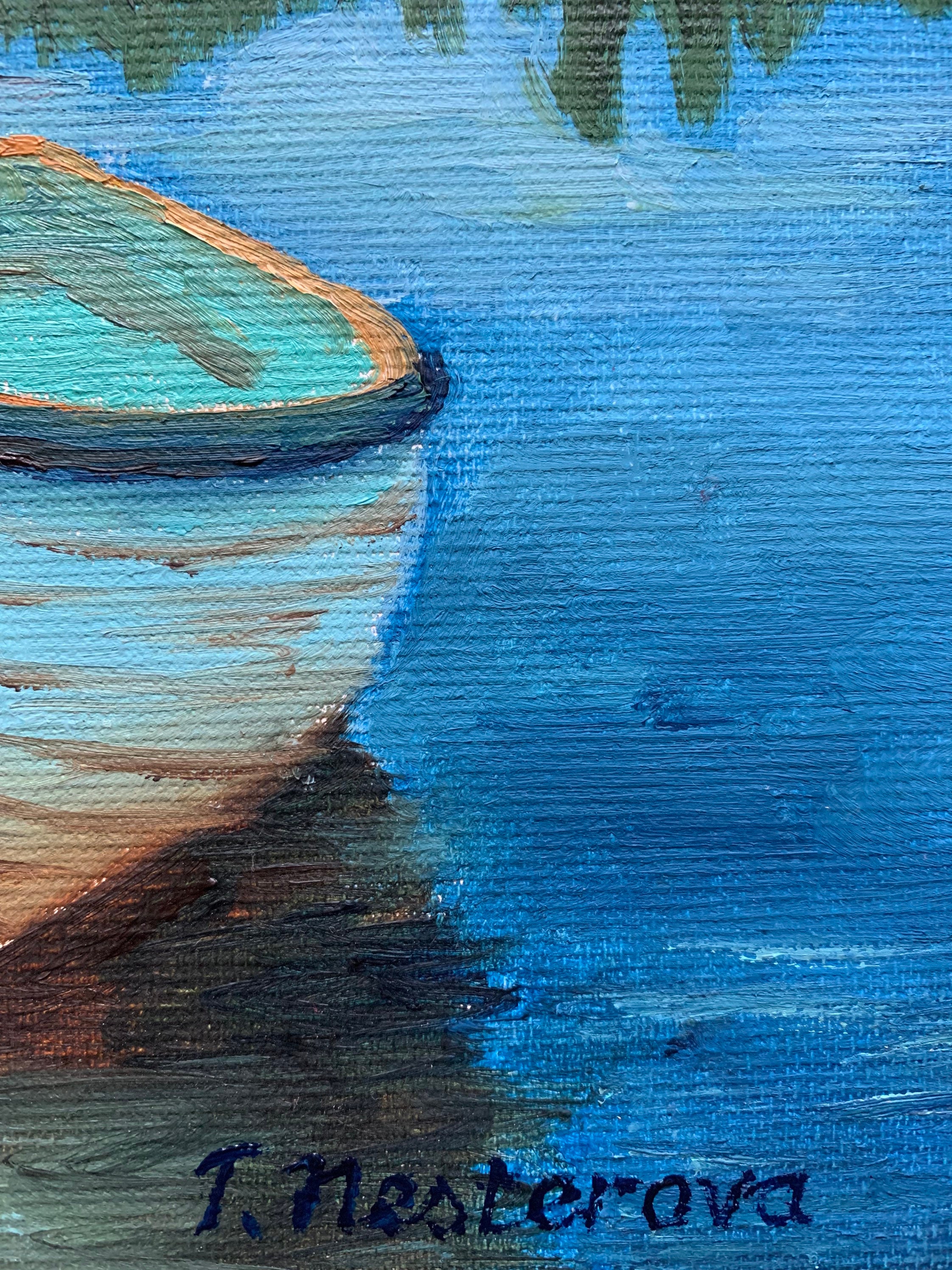 ボートの絵画：8x8 オリジナル油絵 海景、川の風景 - Etsy 日本