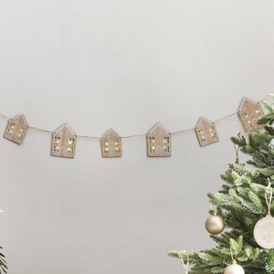 Wooden House Light Up Garland | Light Up House Decorations | Wooden Decorations for Christmas | Christmas Village Decorations for Hanging