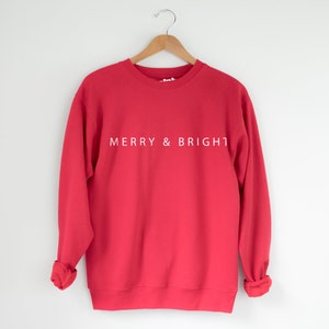 Red Christmas Sweatshirt with Typography | Merry & Bright Simple Sweatshirt For Christmas | Plus Size Christmas Jumper for Women and Men