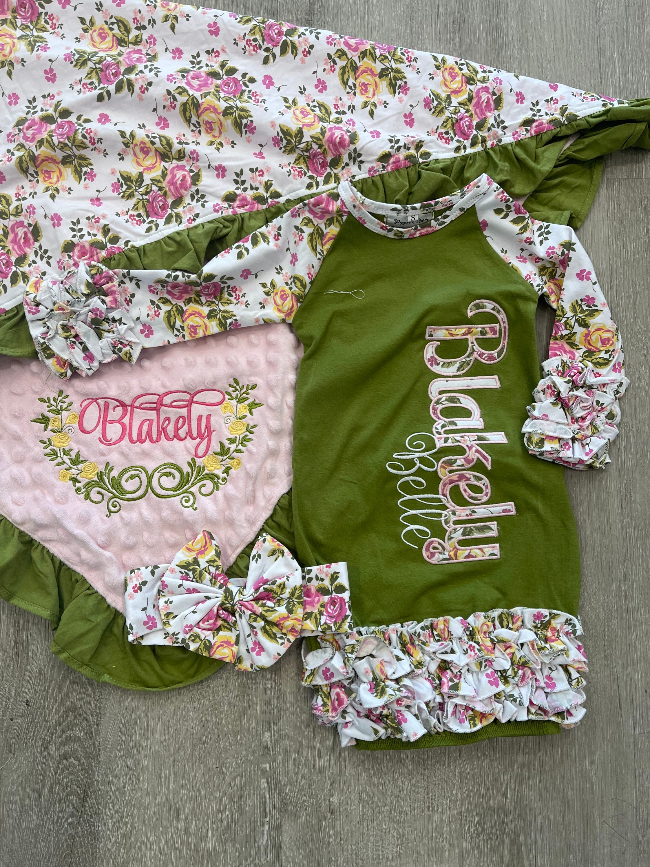 Heirloom Minky Baby Blanket and Gown Set Olive Green and Pink Etsy