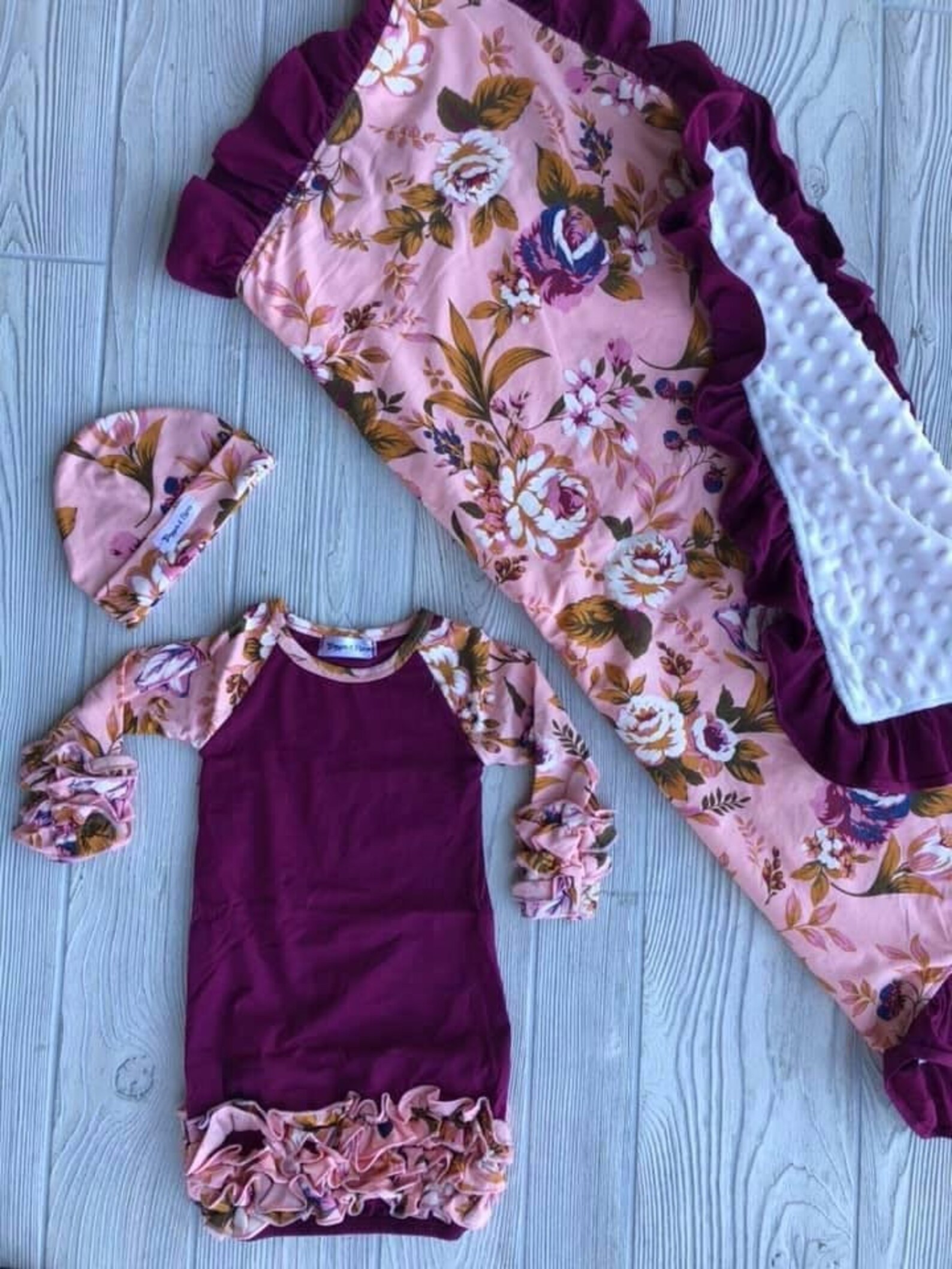 Heirloom Minky Baby Blanket and Gown Set Burgundy and Blush Etsy