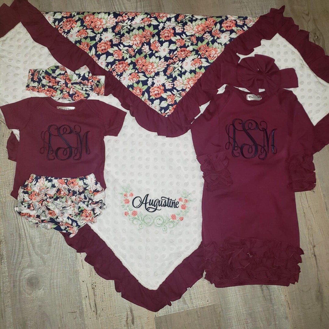Heirloom Minky Baby Blanket and Gown Set, Navy and Burgundy