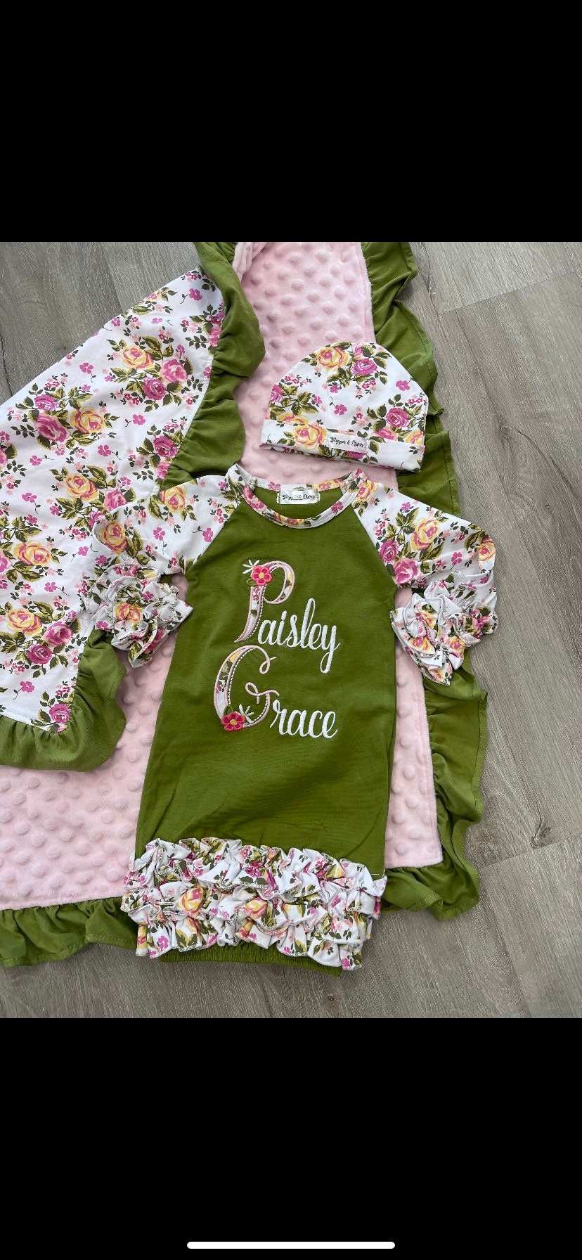 Heirloom Minky Baby Blanket and Gown Set Olive Green and Pink Etsy