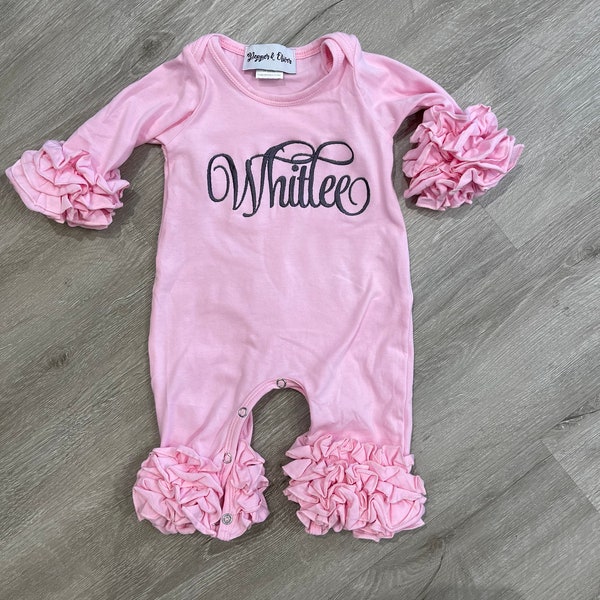 Pepper and Oliver CUSTOM  Pink Long Icing Romper Monogram Blanks Includes Embroidery