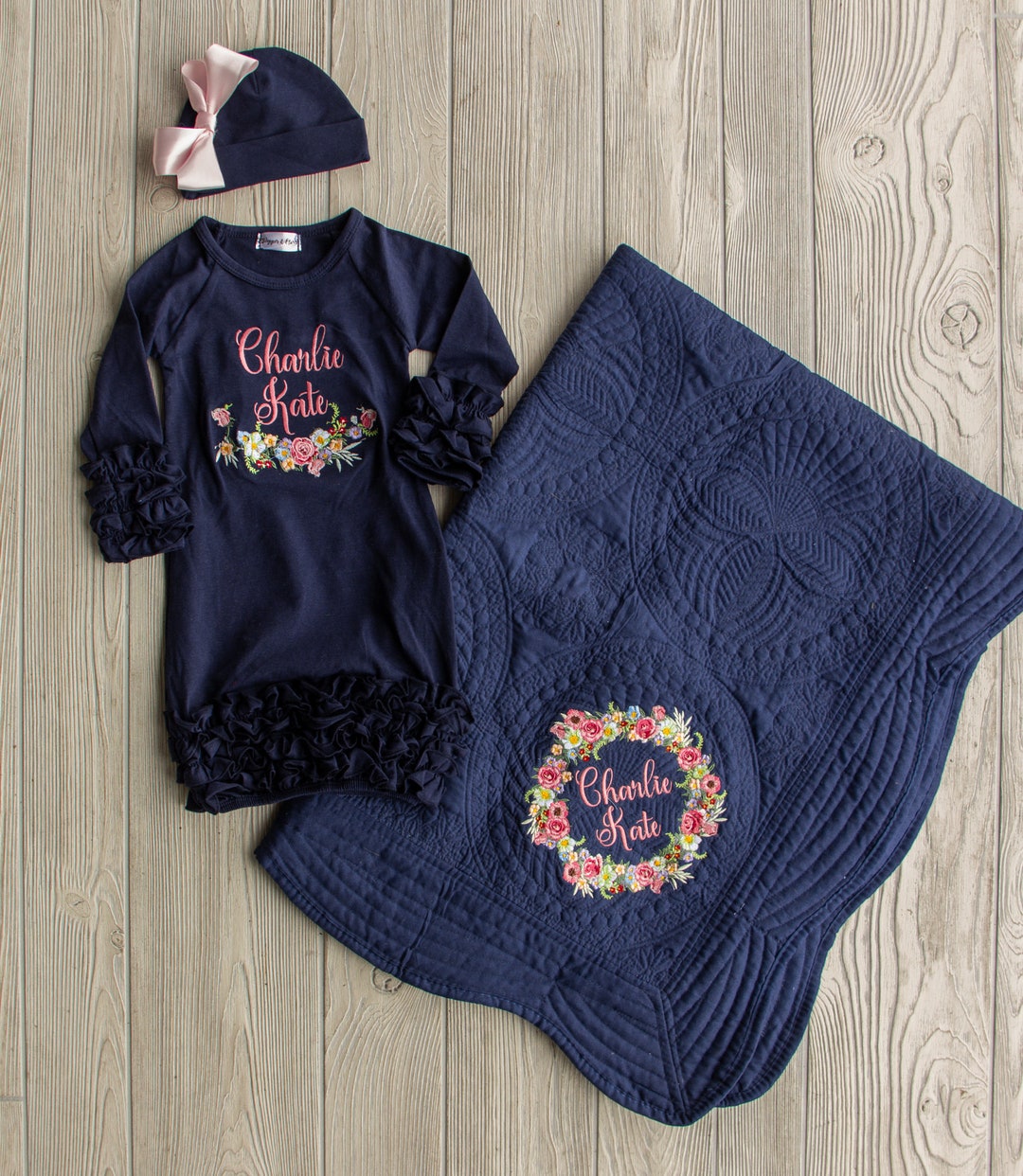 Heirloom Navy Baby Blanket and Gown Set, Personalized Set... Gown and