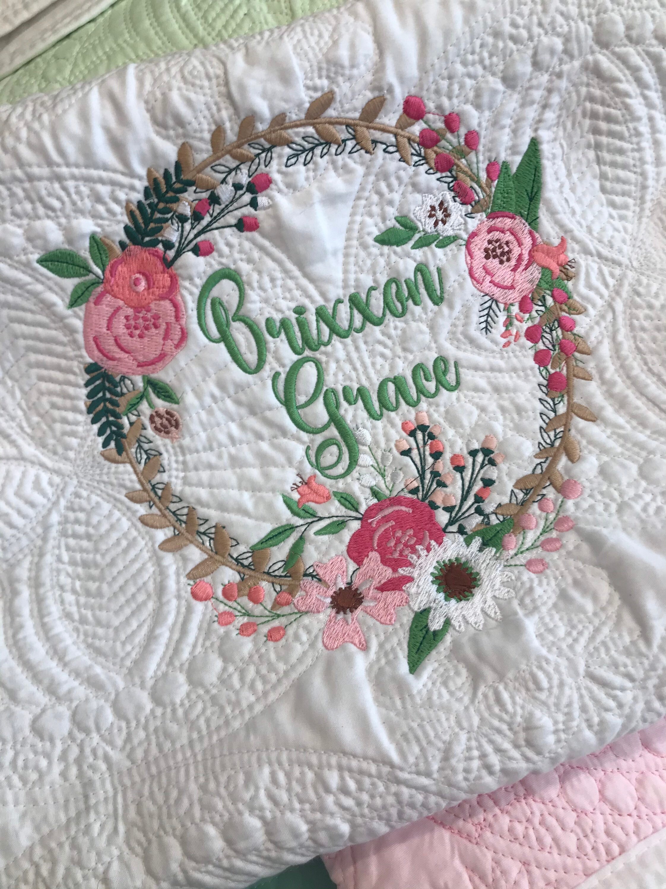 Heirloom Baby Blanket Big Floral Wreath Embroidery Name Etsy UK