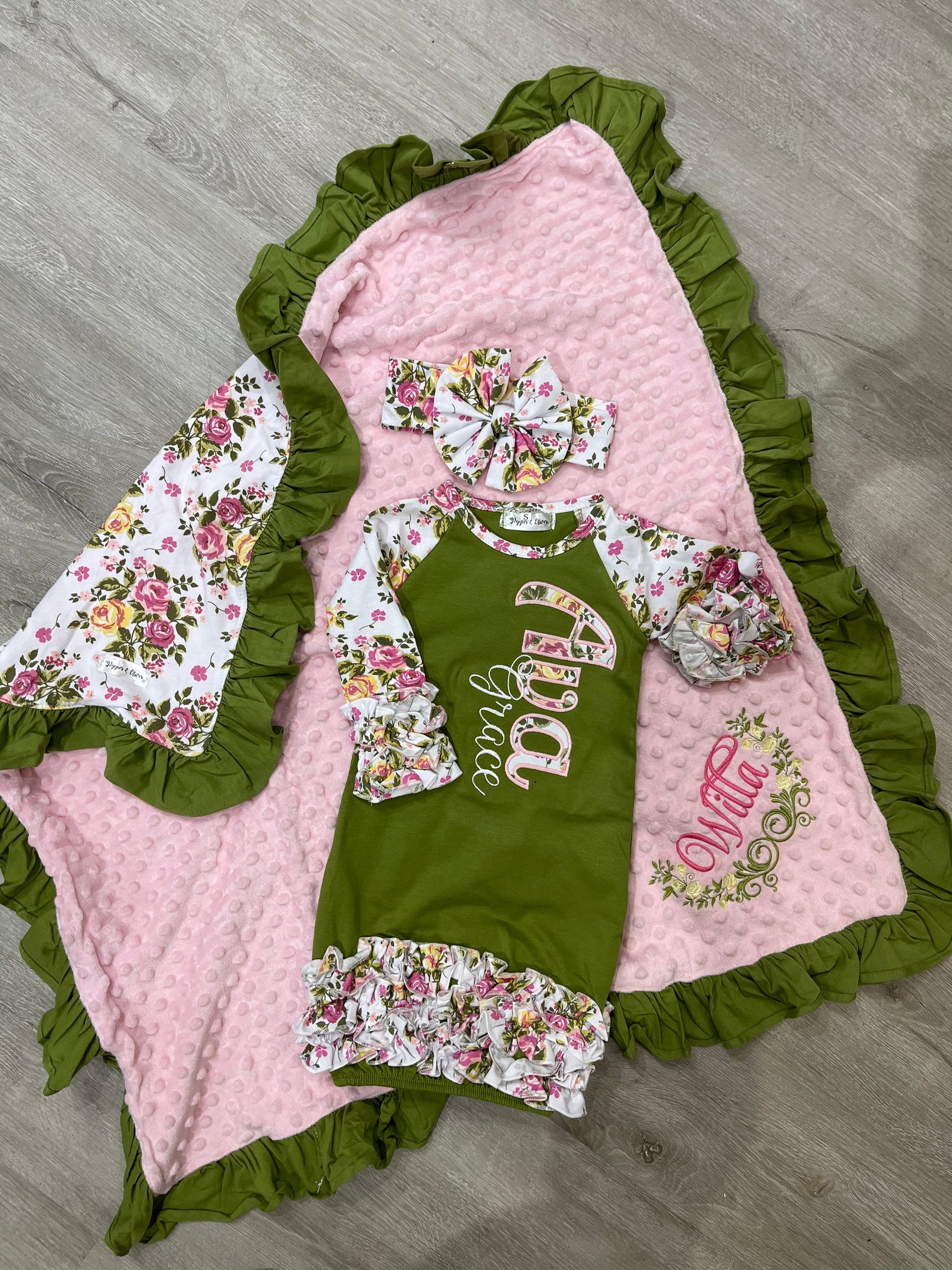Heirloom Minky Baby Blanket and Gown Set Olive Green and Pink Etsy