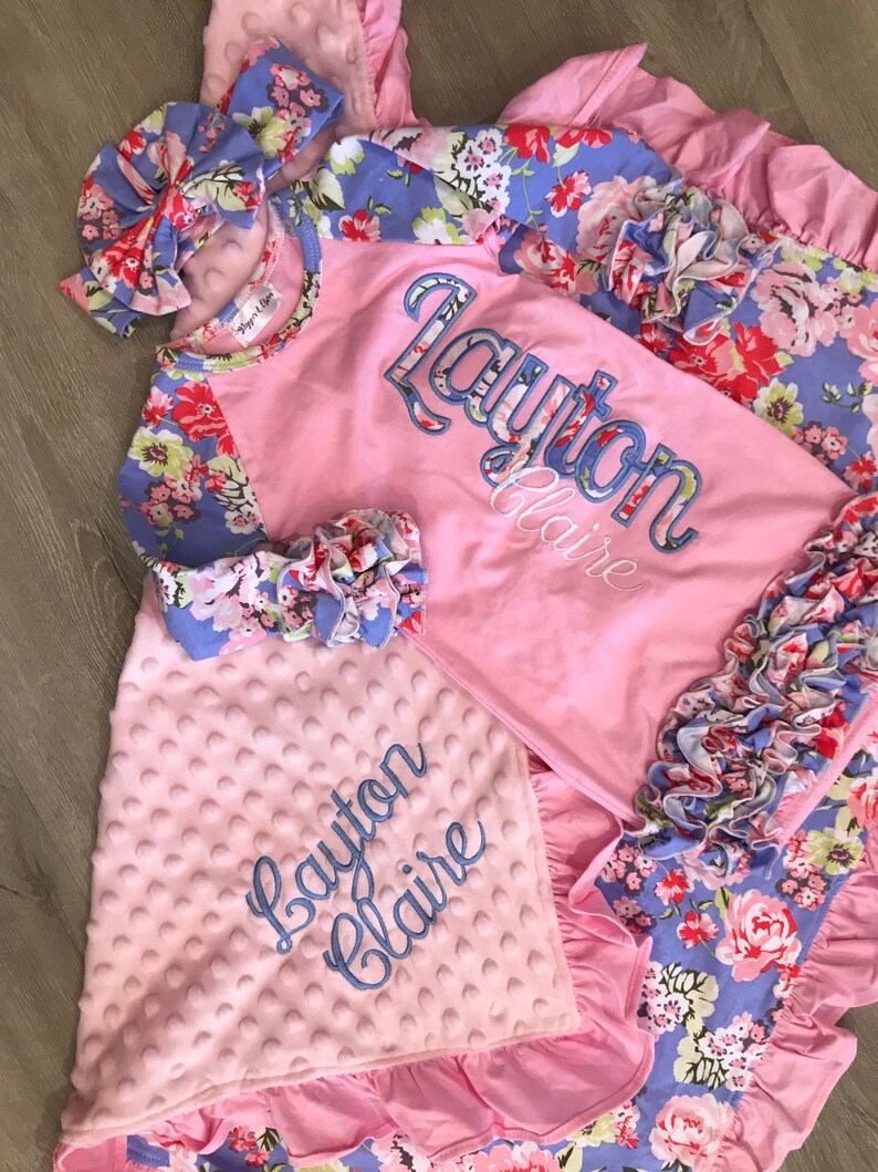 Heirloom Minky Baby Blanket and Gown Set Periwinkle and Coral Etsy