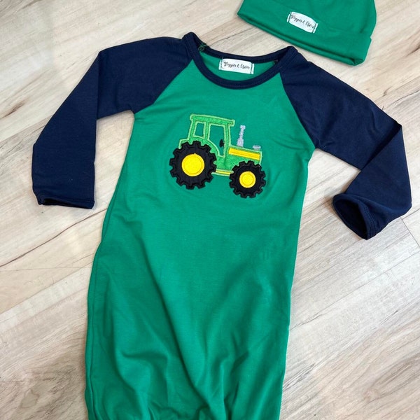 Green and Navy infant boy tractor gown