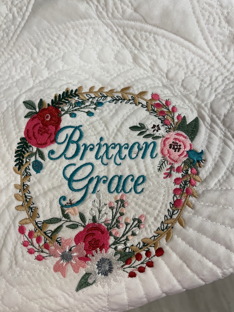 Heirloom Baby Blanket Floral Wreath Embroidery Name Quilt Etsy