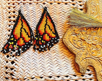 Beaded Monarch Earrings | Butterfly Earrings | Woven Beaded Earrings | Bead Fringe Earrings | Wing Earrings | Beaded Jewelry