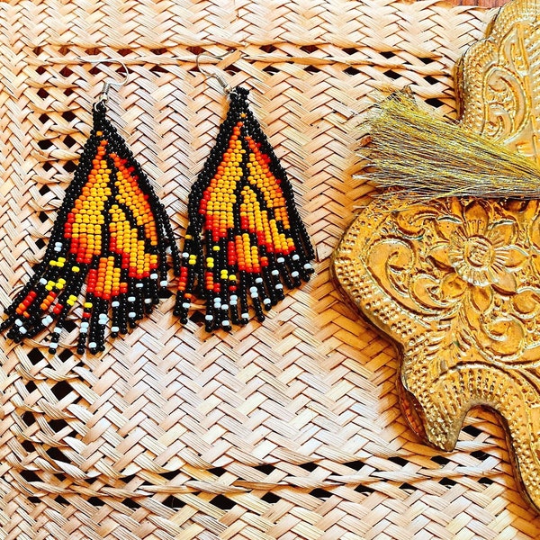 Beaded Monarch Earrings | Butterfly Earrings | Woven Beaded Earrings | Bead Fringe Earrings | Wing Earrings | Beaded Jewelry