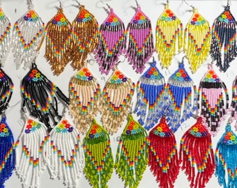 Mexican Dangle Earrings, Beaded Tribal Earrings, Daisy Colorful Earrings