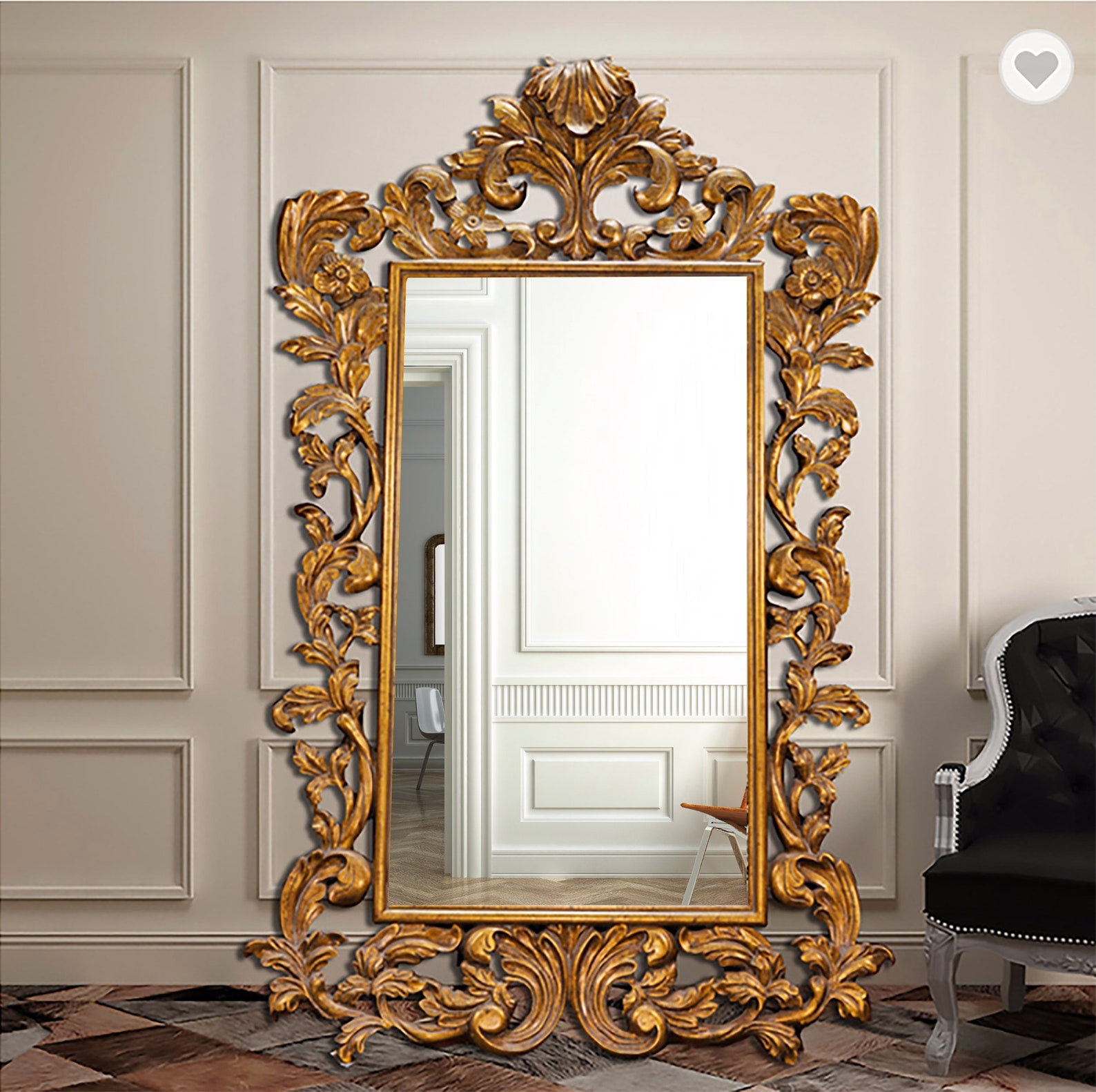 French Mirror with bow, Metal Gold Carved mirror