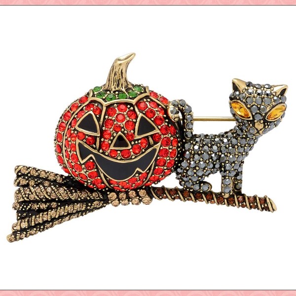 Signed Rare Heidi Daus Cat with Pumpkin on Branch Pin Brooch Exquisite Swarovski Great Conversation Starter for Halloween Thanksgiving!!!