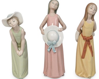 Lladro Glossy Finish Set of Three Girls With Dresses & Hats -Lladro Porcelain Figures RARE Hard To Find Pcs