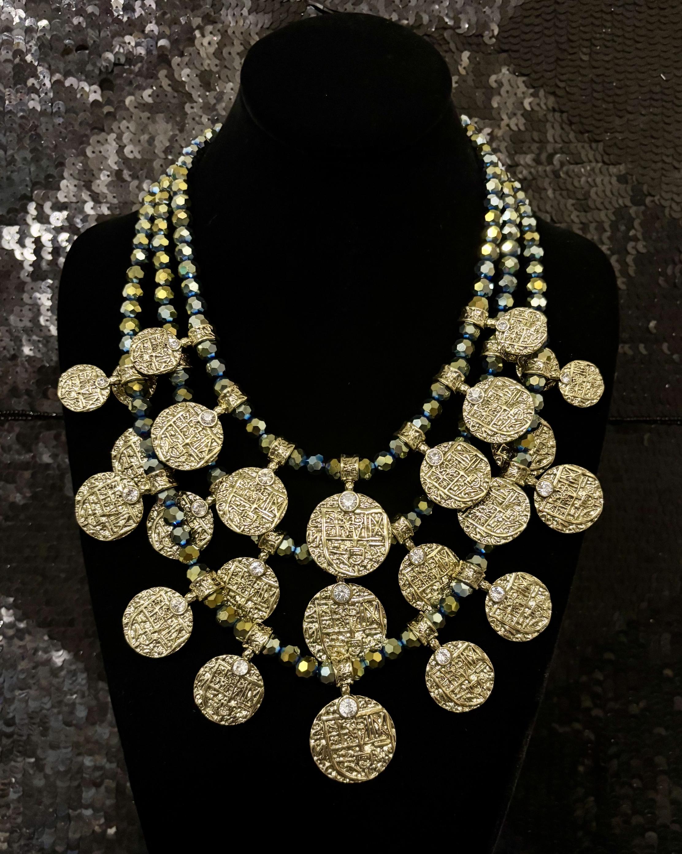 Heidi Daus Boho Deluxe Jewelry Wardrobe Blue Version Crystal Necklace Coin Necklace – Crystal Statement Jewelry Ancient Coin Bohemian