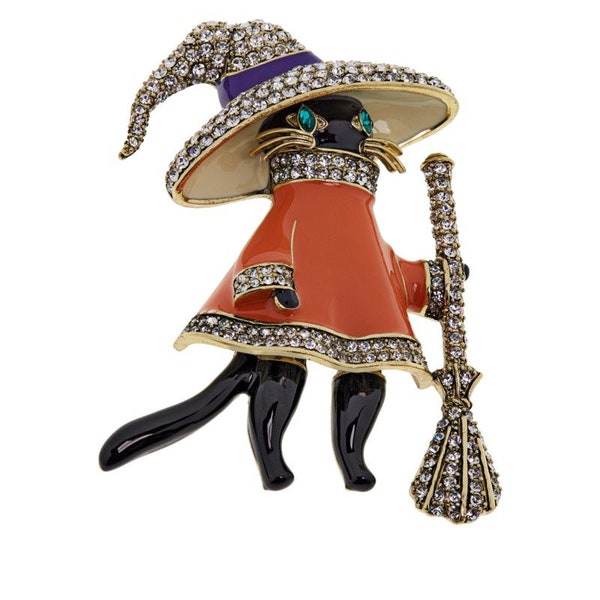 Heidi Daus Signed Glamour Puss Cat With Broom & Hat Pin Brooch