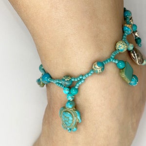 Turquoise Beaded Charms with Antique Silver Charms and Toggle Clasp Anklet