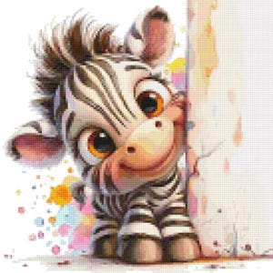 Op de afbeelding: Een cartoon zebra met grote bruine ogen en een vriendelijke glimlach kijkt achter een witte muur vandaan. De zebra heeft zwart-witte strepen en is omgeven door kleurrijke aquarel spetters.