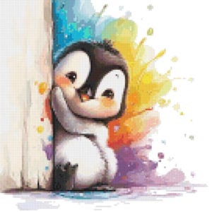 May include: A cute cartoon penguin with a black head and white body, hugging a wall. The background features colorful watercolor splashes in blue, yellow, and purple hues. The penguin has large, expressive eyes and a sweet expression.