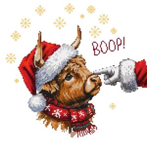 Puede incluir: Ilustración festiva de un toro marrón con gorro de Papá Noel y bufanda roja con copos de nieve blancos. Una mano enguantada toca la nariz del toro, con la palabra "BOOP!" en rojo.