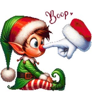 Puede incluir: Un duende de dibujos animados con una nariz roja y un atuendo verde y rojo está siendo tocado en la nariz por una mano enguantada. El duende lleva un gorro verde con una banda roja y ribete blanco. La palabra "Boop" está escrita encima de la cabeza del duende.