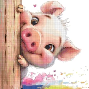 May include: A cute cartoon pig peeking around a wooden structure. The pig has a pink snout, ears, and a small heart above its head. The background features colorful paint splatters.