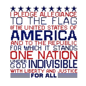 May include: A patriotic design featuring the text of the Pledge of Allegiance in red and blue pixelated letters. The text includes phrases like "I Pledge Allegiance to the Flag of the United States of America."