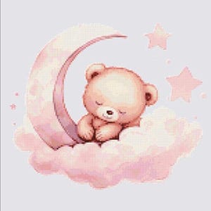 May include: A charming illustration of a sleeping teddy bear nestled on a pink cloud, cradled by a crescent moon. Soft pink stars dot the background, creating a whimsical and dreamy scene. The bear is light brown with closed eyes.